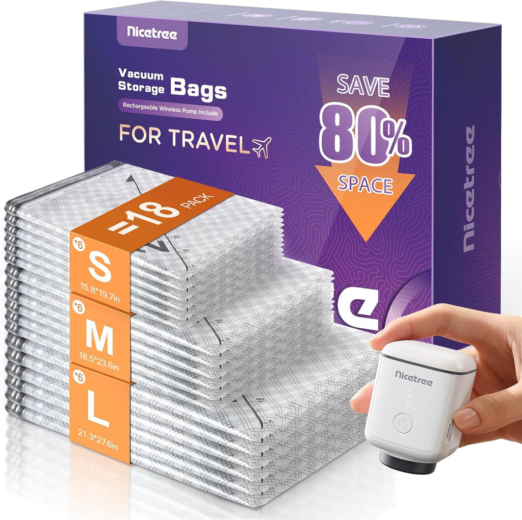 Nicetree Vacuum Seal Bags - 18-Pack with Rechargeable Wireless Pump | 3 Sizes (20/24/28 Inch) for Travel & Seasonal Storage