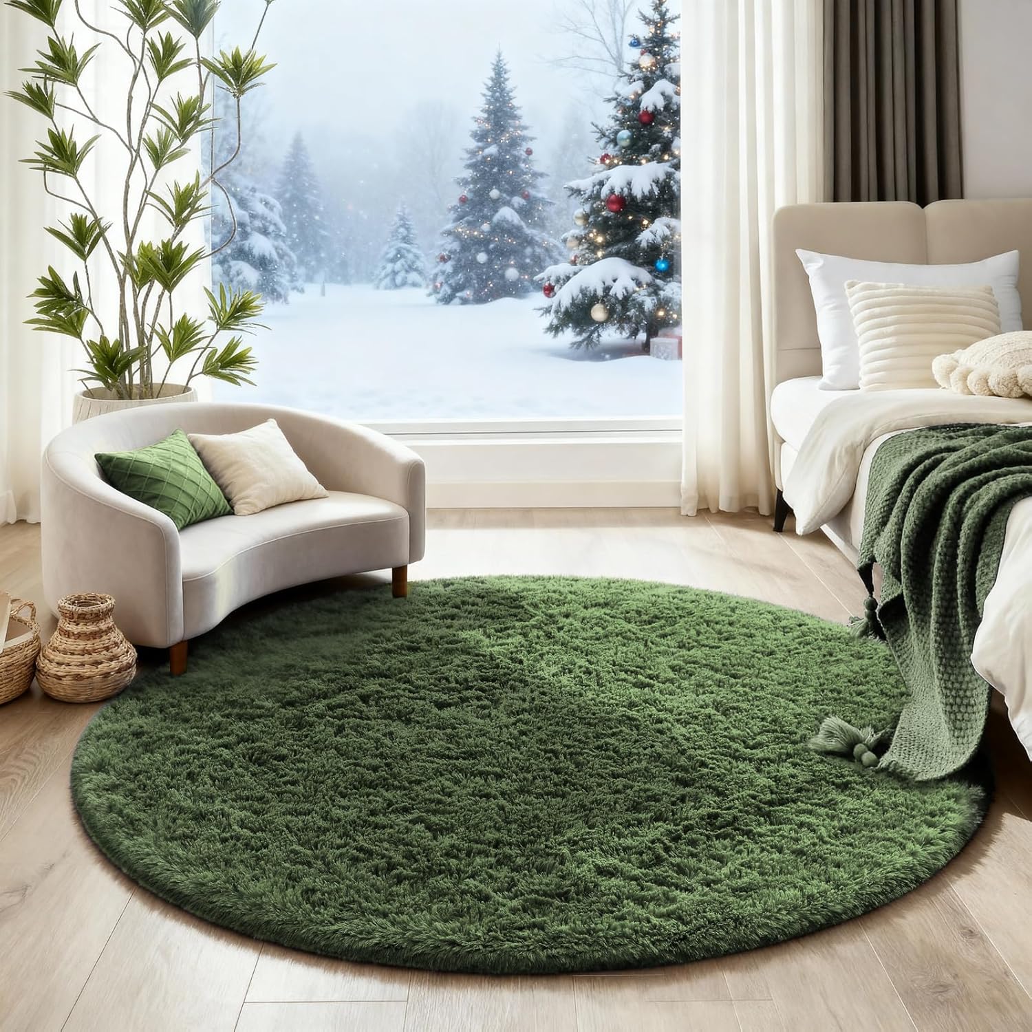 Ophanie Round Area Rug - 4Ft Grey Green Circle Design | Plush Soft Shaggy Carpet for Kids' Rooms