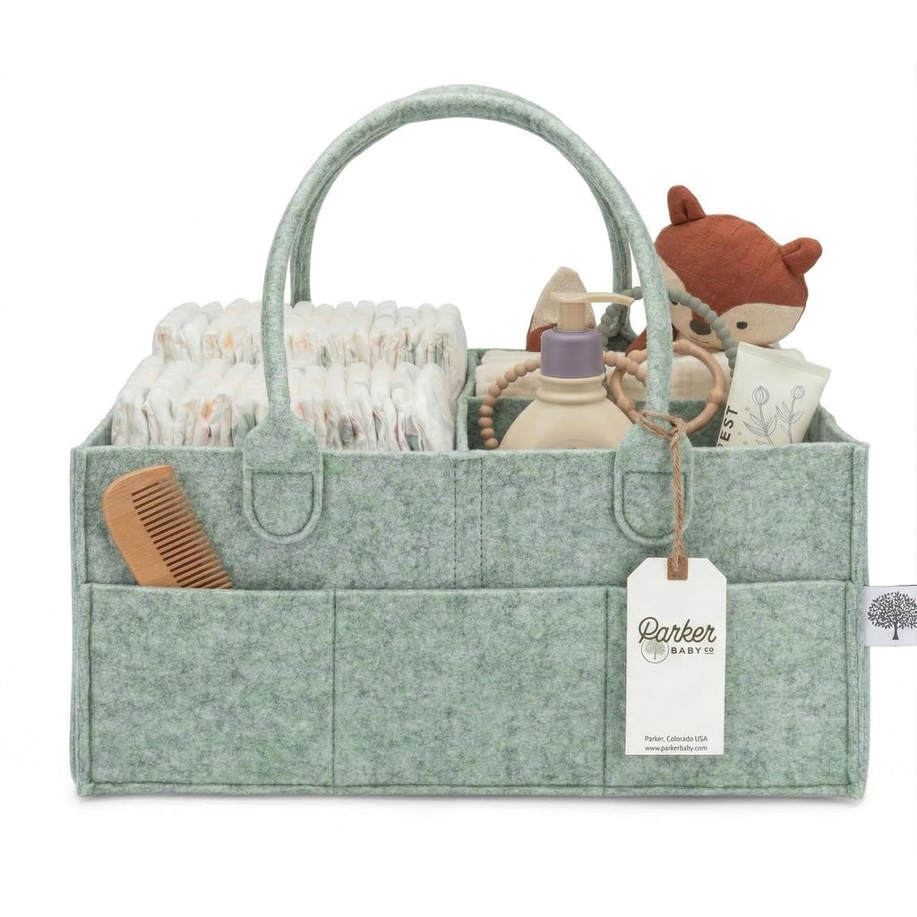 Parker Baby Diaper Caddy - Large Nursery Storage Bin & Car Organizer for Diapers & Wipes - Sage Green