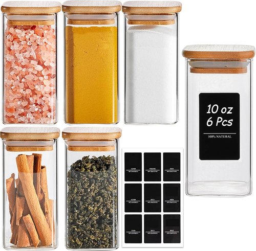 ComSaf 10 oz Large Glass Spice Jars - 6-Piece Set with Bamboo Lids & Labels | Ideal Kitchen Starter