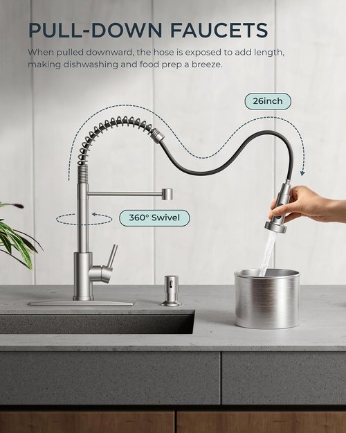 FORIOUS Kitchen Faucet - Brushed Nickel Pull Down Sprayer | Classic Single Handle Design for RV & Utility Rooms