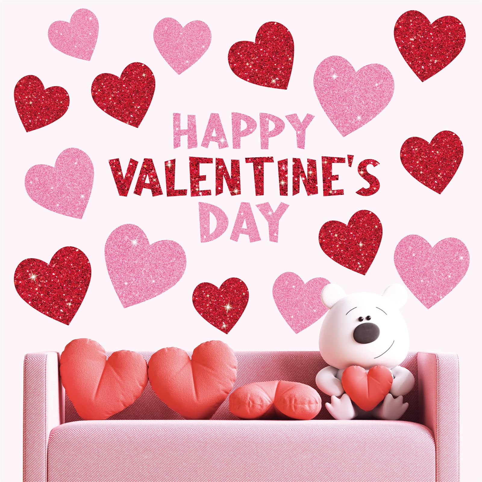 Whaline 9 Sheets Valentine' s Day Wall Stickers Glitter Red Pink Heart Room Mural Stickers Peel and Stick Wall Decals for Home School Office Wedding Anniversary Party Supplies