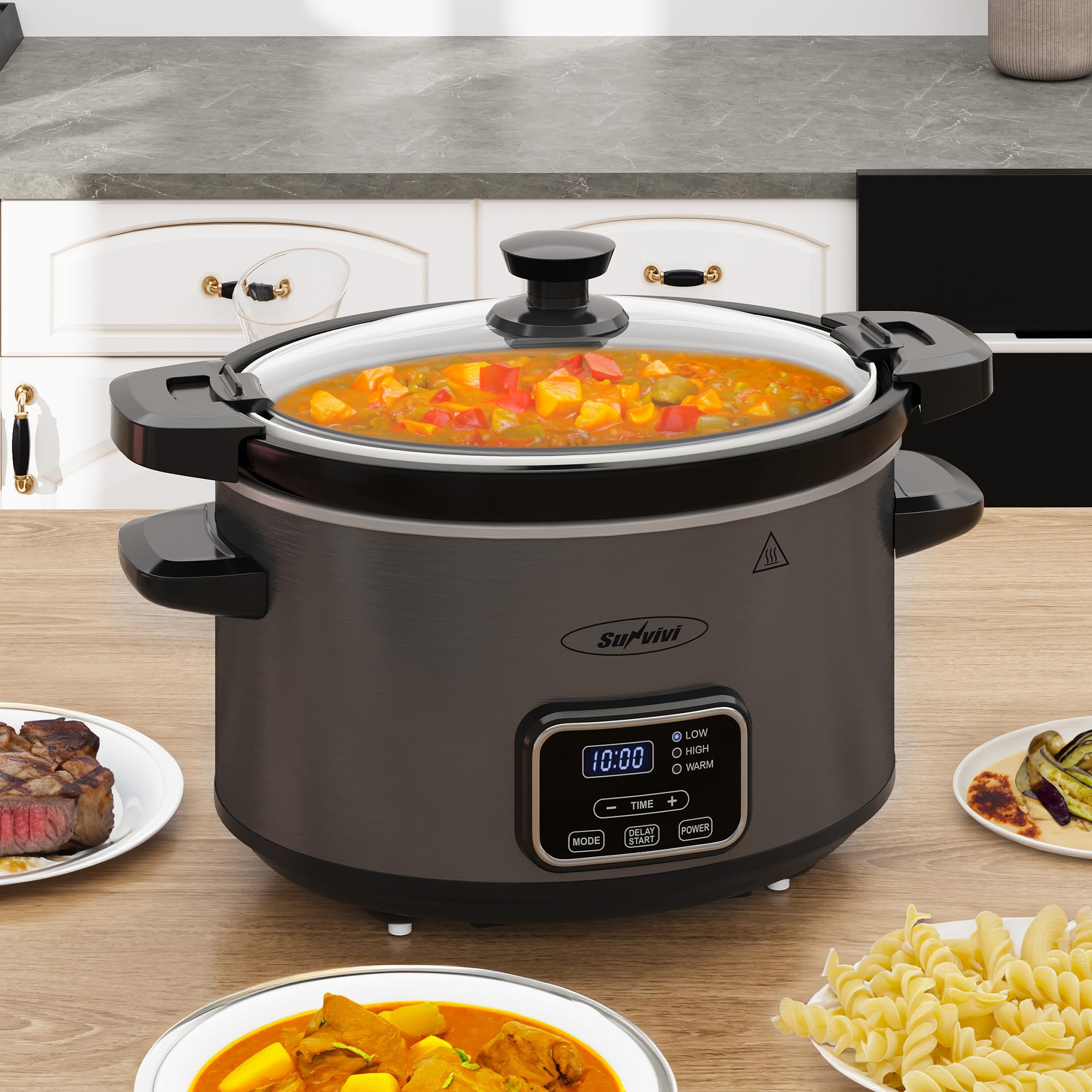 Sunvivi 4QT Programmable Slow Cooker with Locking Lid, Removable Ceramic Pot, 3 Heating Settings & Timer, Dishwasher-Safe, Dark Grey