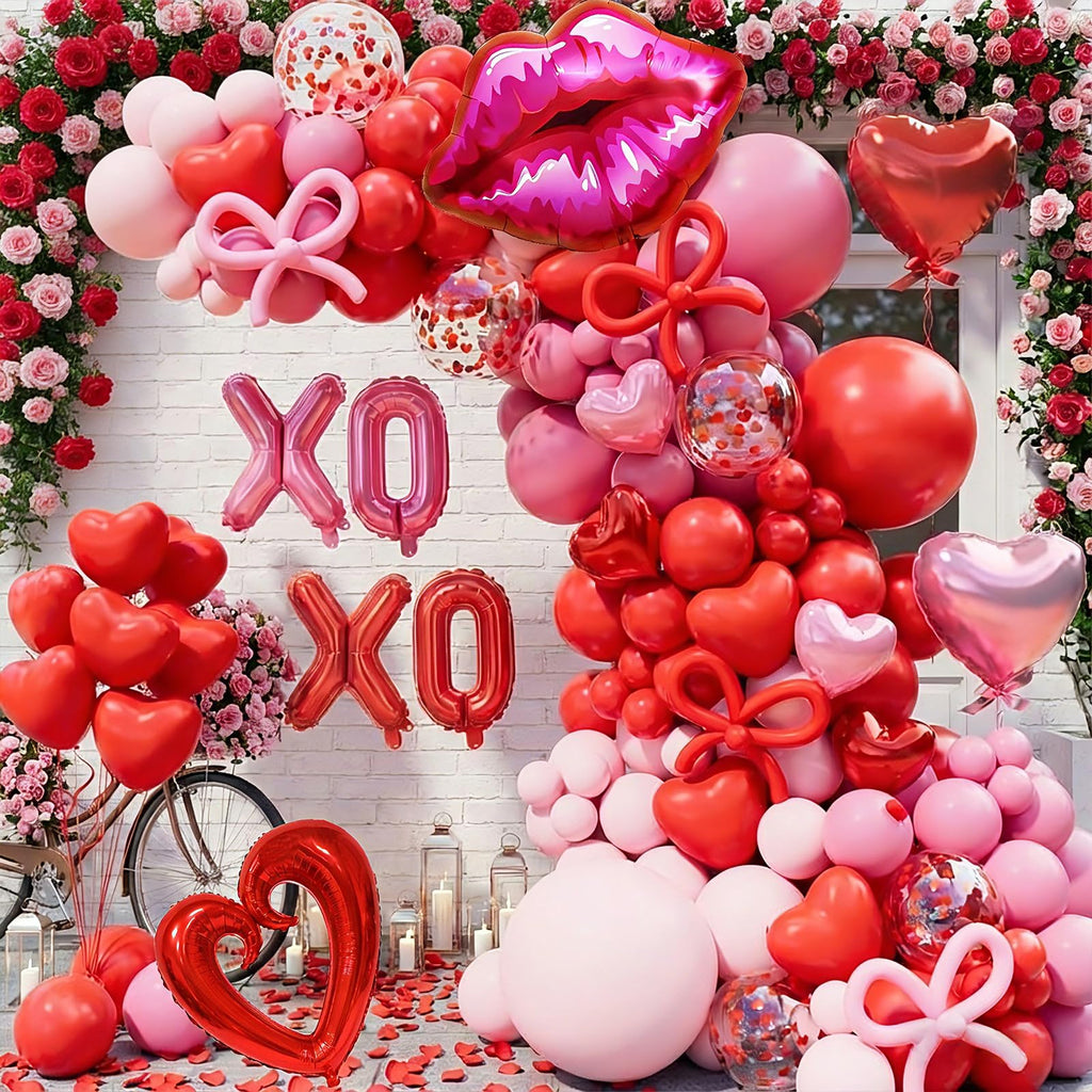 Pink and Red Balloon Garland Arch Kit, Coquette Birthday Decorations with 570pcs Red Pink Heart Confetti Balloons, Heart Lip XOXO Star Foil Balloons, Rose Petals for Wedding Romantic Decorations