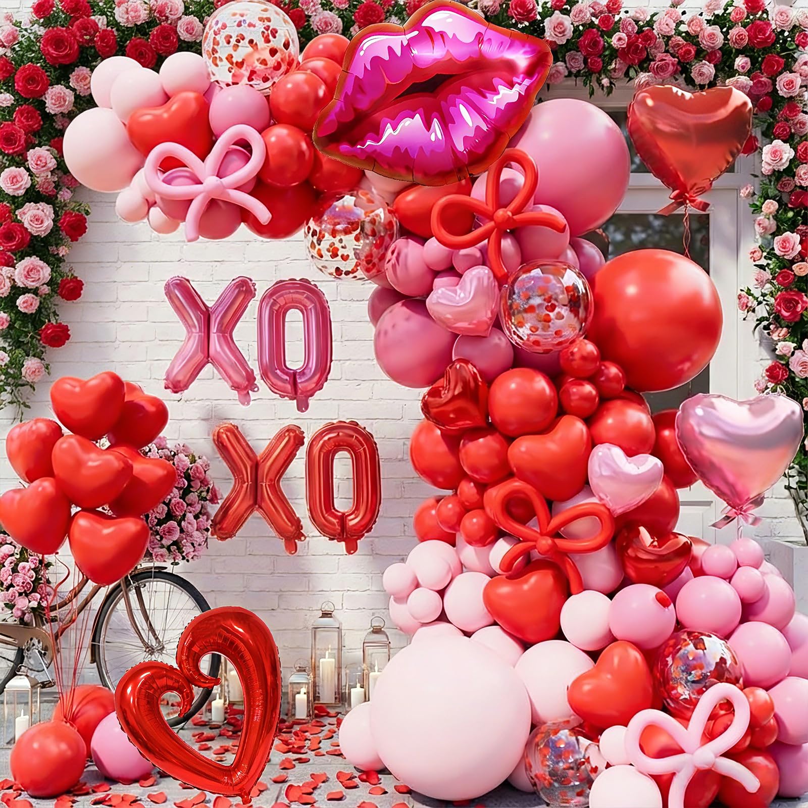 Pink and Red Balloon Garland Arch Kit, Coquette Birthday Decorations with 570pcs Red Pink Heart Confetti Balloons, Heart Lip XOXO Star Foil Balloons, Rose Petals for Wedding Romantic Decorations