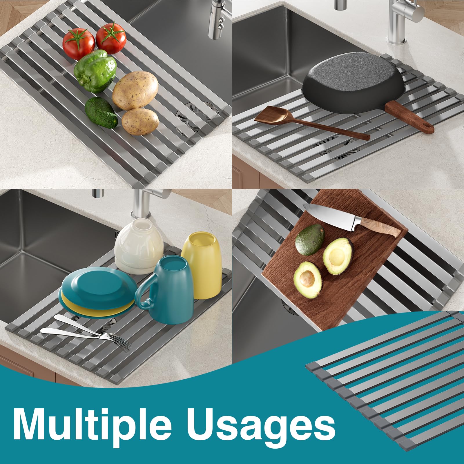 COOL-ANGLE Aluminum Roll Up Dish Drying Rack Over The Sink, 17.7" x 13.4" Rust-Proof Foldable Dish Drainer Mat, Heat Resistant Trivet & Kitchen Sink Cover, Fits Sinks up to 16.8" Wide, Matte Gray
