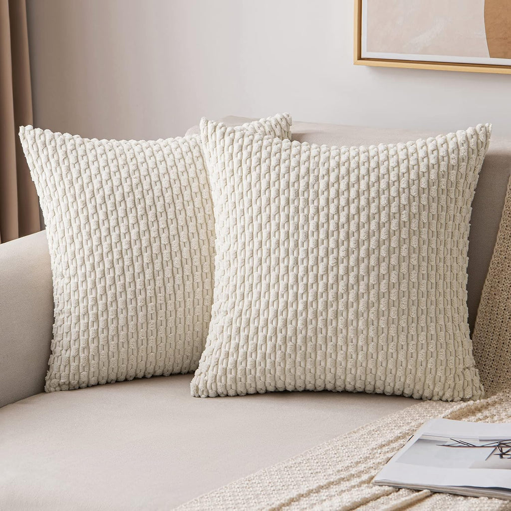 MIULEE Decorative Throw Pillow Covers - Soft Boho Striped Textured Corduroy | 18x18 Inch, Cream White