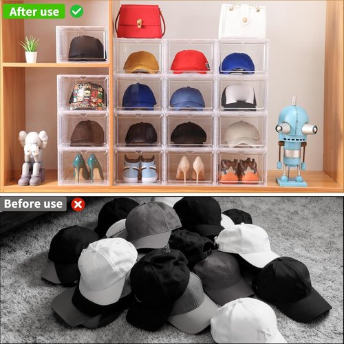 Attelite Hat Organizer - Stackable Baseball Cap Storage Box with Transparent Magnetic Door | Set of 6, Easy Assembly