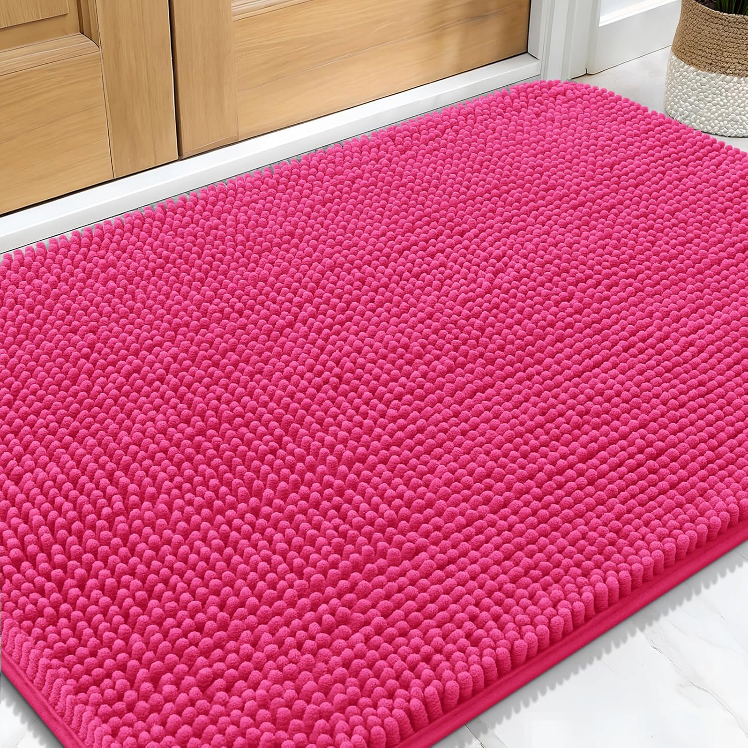 OLANLY Dog Door Mat - Absorbent Non-Slip Washable Chenille Mat for Muddy Paws | 34x21 Hot Pink