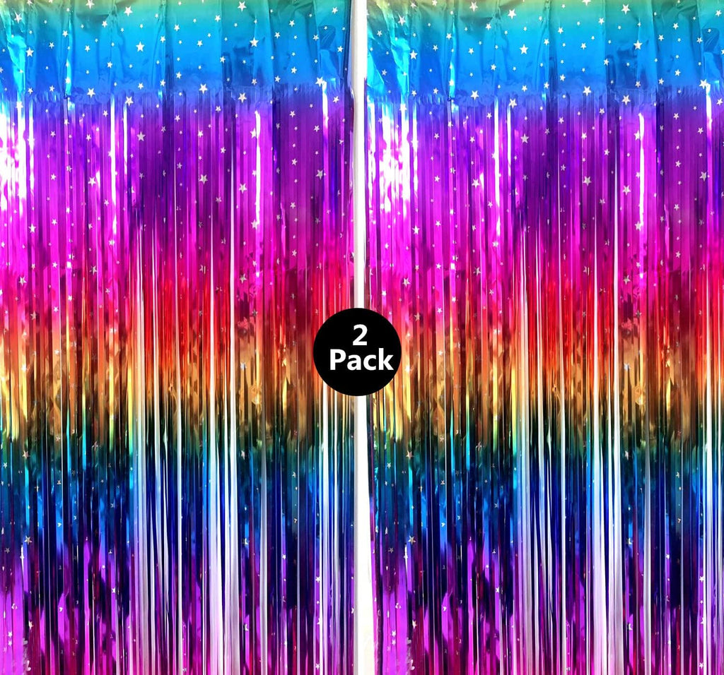 Rainbow Tinsel Foil Fringe Curtains - 2 Pack Metallic Streamers for Party Decorations | 3.3x6.6ft