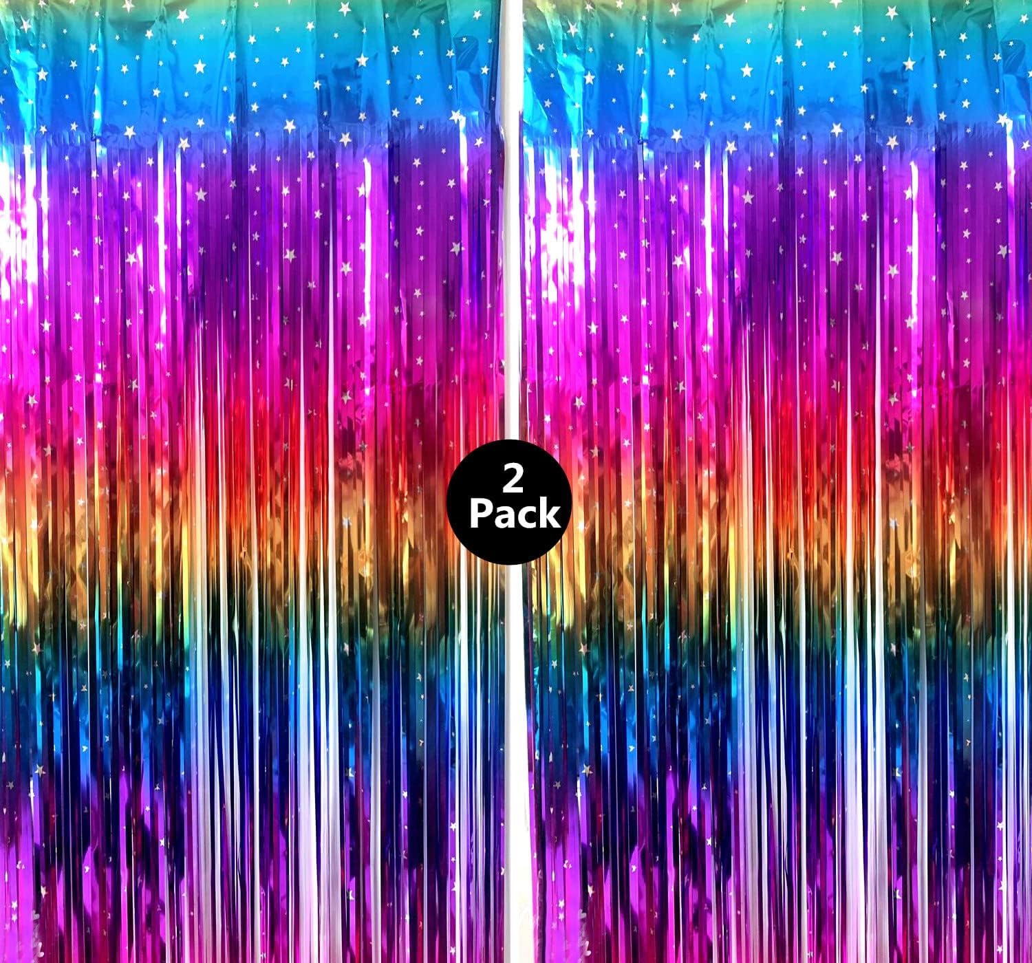 Rainbow Tinsel Foil Fringe Curtains - 2 Pack Metallic Streamers for Party Decorations | 3.3x6.6ft