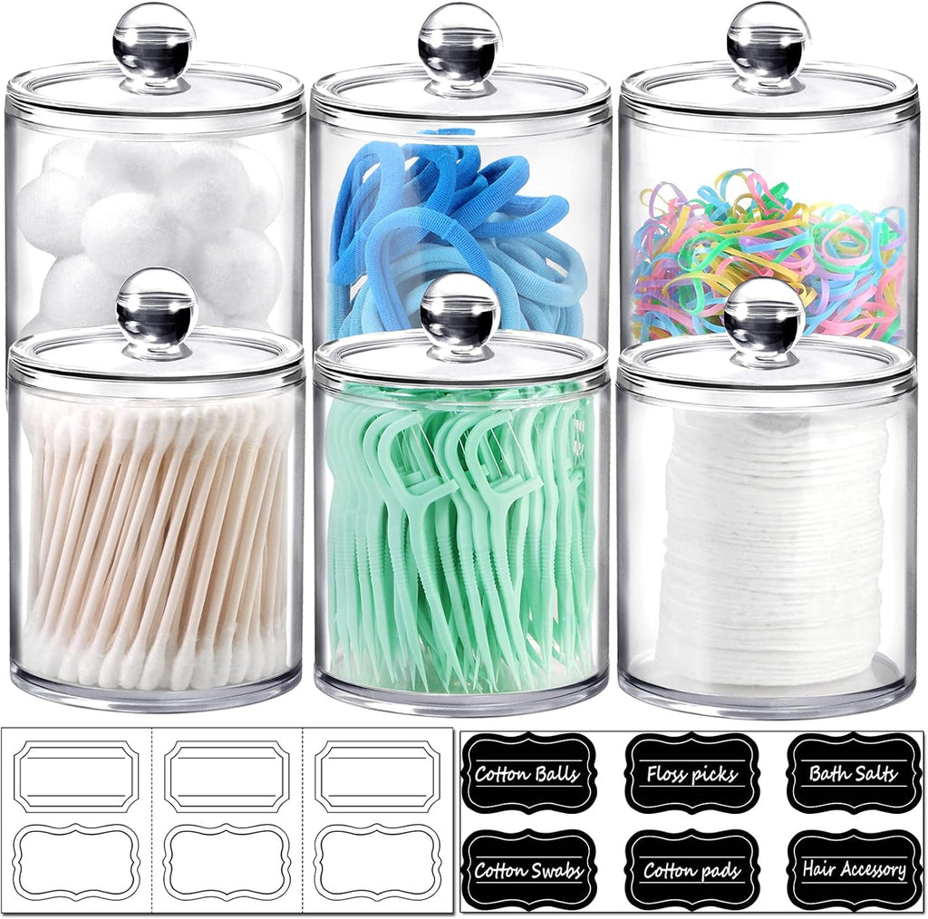 SheeChung Clear Acrylic Apothecary Jars - 6-Pack Qtip Holder Set (3) 10oz & (3) 12oz - Shatterproof Bathroom Organizer
