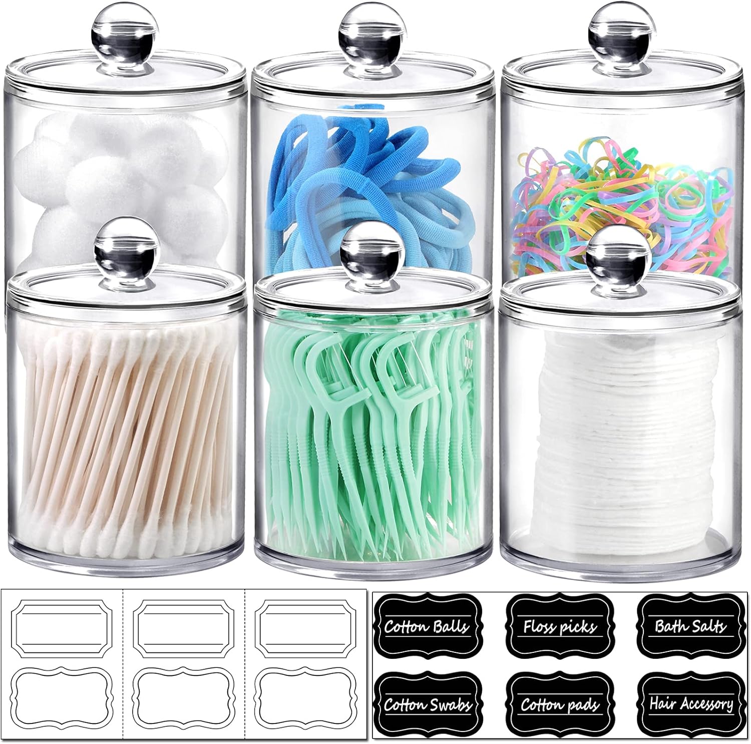 SheeChung Clear Acrylic Apothecary Jars - 6-Pack Qtip Holder Set (3) 10oz & (3) 12oz - Shatterproof Bathroom Organizer