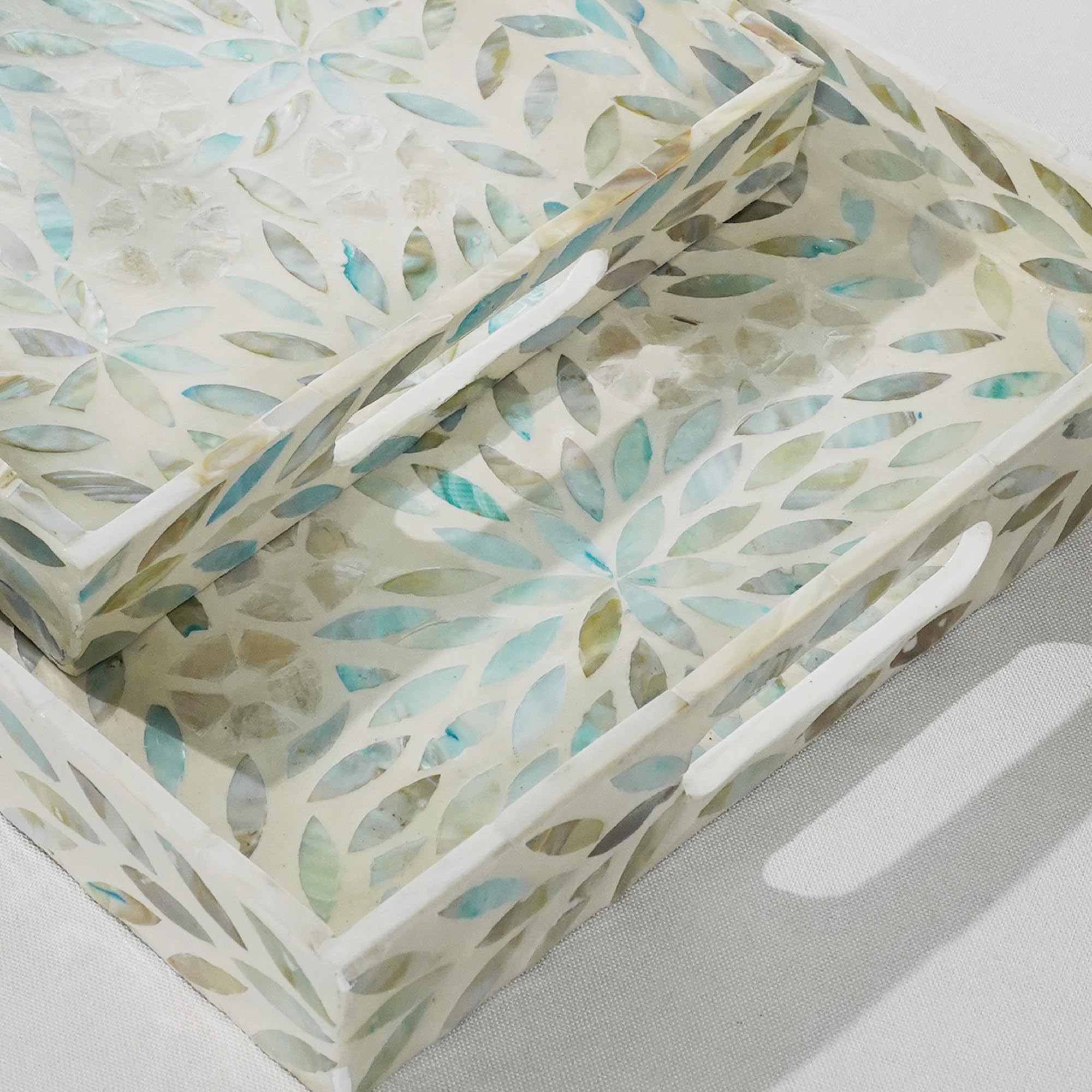 Serving Trays Handmade Trays for Serving Mother of Pearl Inlay Decorative Tray Room Decor, Coffee Table Tray Set of 2 Trays Decor for Ottoman Length 16'' and 14''