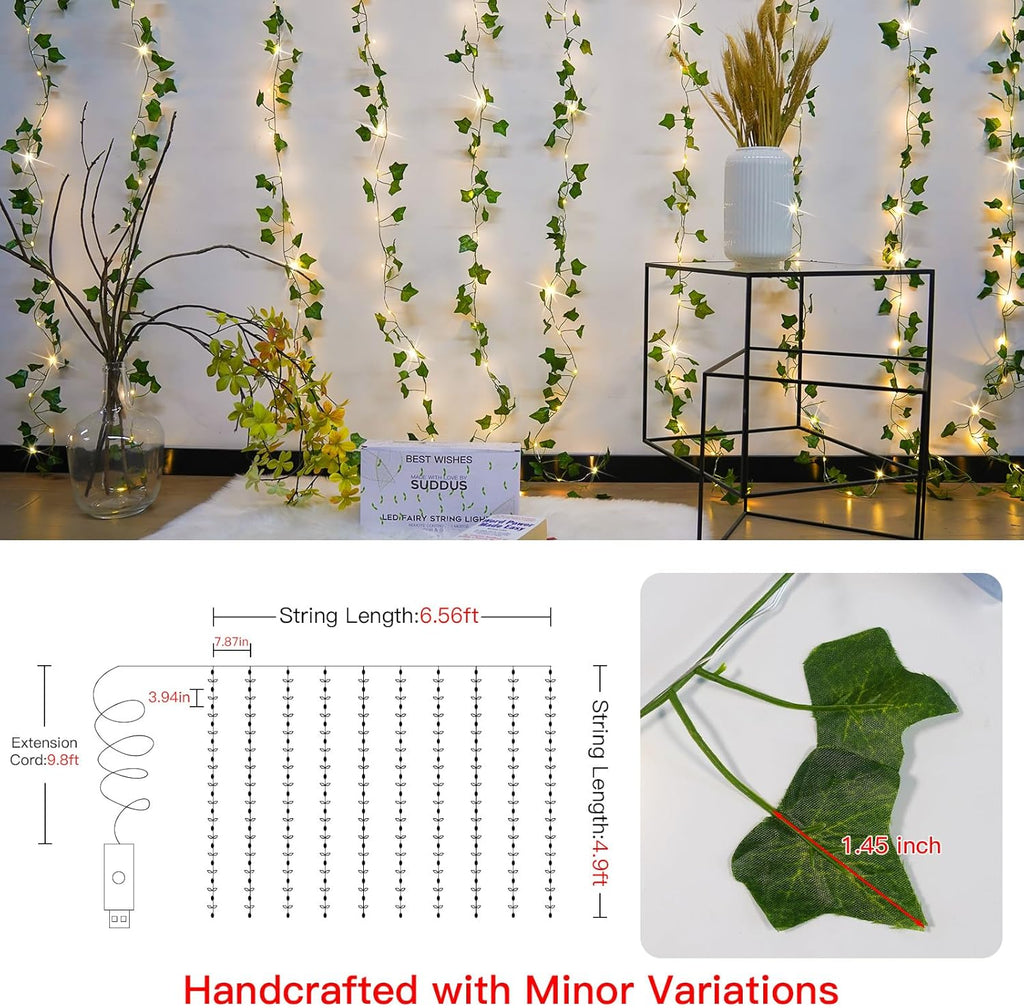 Suddus Vines with Lights - 150 LED Fairy Lights for Bedroom & Party Decor | 6.5ft x 4.9ft Ivy Curtain