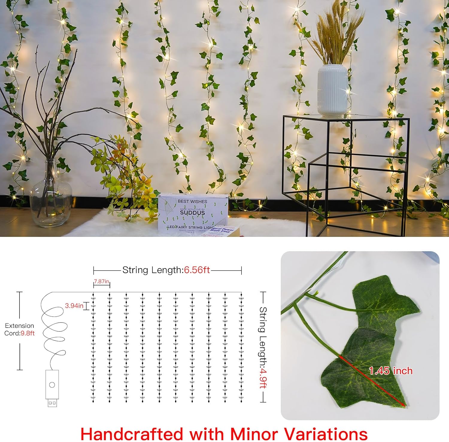 Suddus Vines with Lights - 150 LED Fairy Lights for Bedroom & Party Decor | 6.5ft x 4.9ft Ivy Curtain