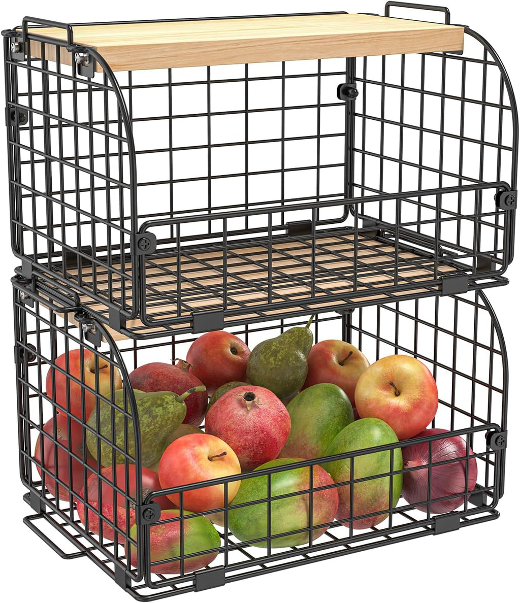 Skiennix Stackable Wire Baskets - Openable Top Kitchen Organizer for Fruits, Veggies & Snacks | 2 Set