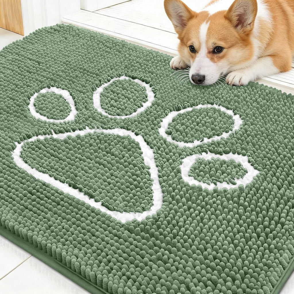 OLANLY Dog Door Mat - Muddy Paws Absorbent Chenille Doormat | Non-Slip, Quick Dry, 30x20, Olive Green