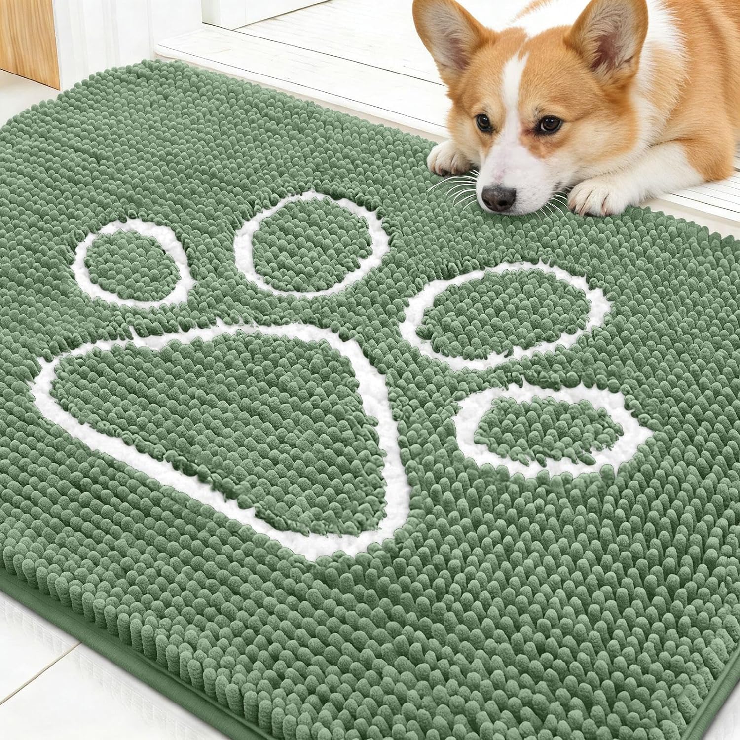 OLANLY Dog Door Mat - Muddy Paws Absorbent Chenille Doormat | Non-Slip, Quick Dry, 30x20, Olive Green