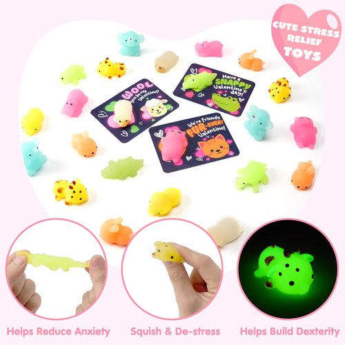 JOYIN 36 Packs Valentine‘s Day Gift Cards with Glow in Dark Mochi Squishy Toys, 9 Designs Stress Relief Fidget Toys, Glowing Squeeze Toy for Kids Valentine's Party Favors and Classroom Exchange