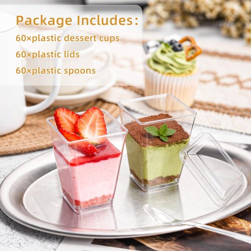 Pryntono 60 Pack 5 oz Plastic Dessert Cups with Lids and Spoons, Clear Mini Dessert Shooter Cups for Pudding, Fruit and Ice Cream