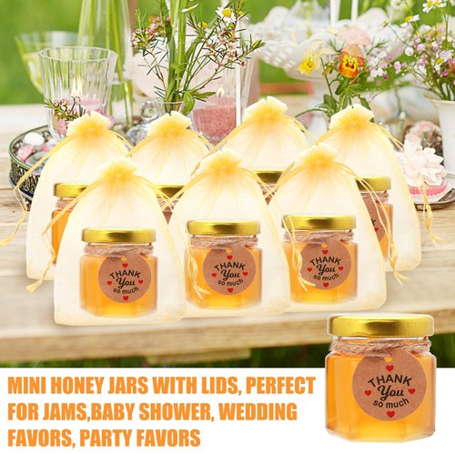 XING-RUIYANG 1.5 oz Mini Honey Jars，60 pack baby shower favors,There's honey sticks, bee pendants, stickers and gold goodie bags，Suitable for wedding party gifts