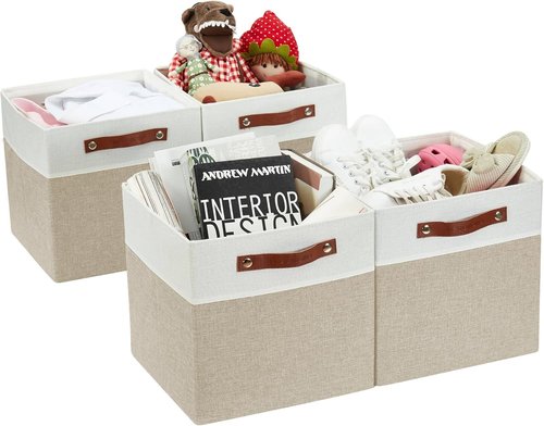 DECOMOMO Fabric Cube Storage Bins - Stylish Organizer Baskets for Kallax Shelves | Beige & White, 11-Inch Cube - 4 Pack