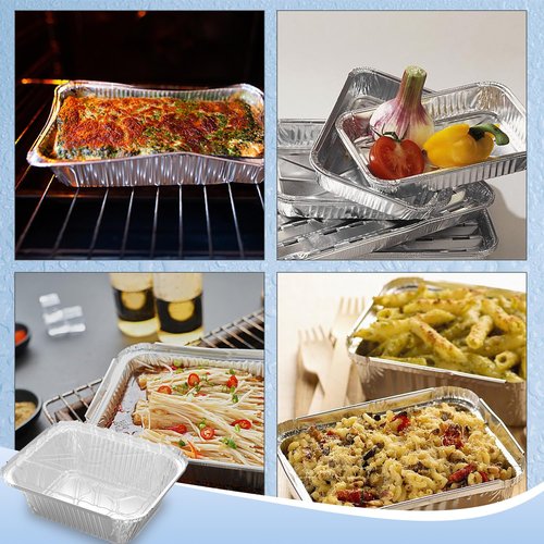 iHomeSet 200 Pack 1 lb Rectangular Disposable Aluminum Foil Pan 16 oz Take Out Food Containers with Clear Plastic Dome Lids, for Catering, Baking, Roasting Food