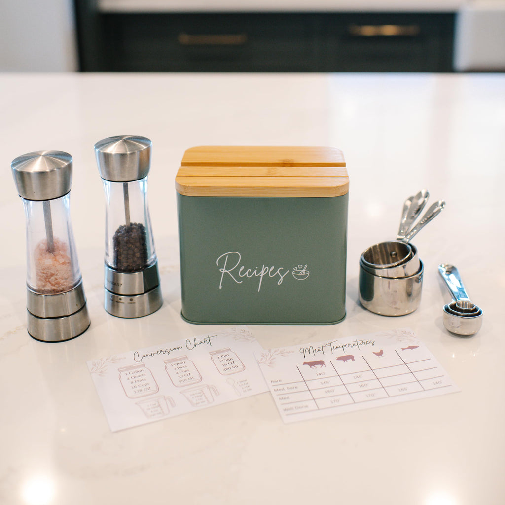 Sage Green Recipe Organizer with Wooden Lid - Set Includes 12 Dividers & 30 Blank 4 x 6" Recipe Cards