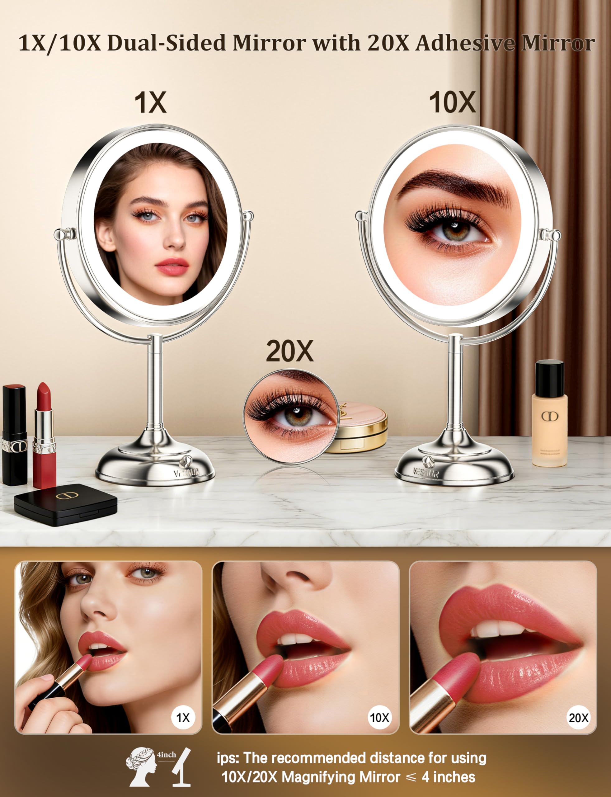 VESAUR 2026 Upgraded 20X lighted makeup mirror with magnification, 9" 1X10X Magnifying Mirror with 3 Color Modes & Adjustable Brightness, 5000mAh Rechargeable Vanity Mirror, 360° Swivel, Nickel, Gifts