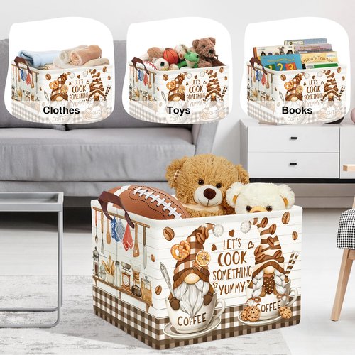 HUUMONSS Kitchen Decor Tools Kid Storage Basket Collapsible Clothes Baby Nursery Hamper Large Book Shelf Basket Boy Girl Toy Box Bin, Gnome Coffee, 36L