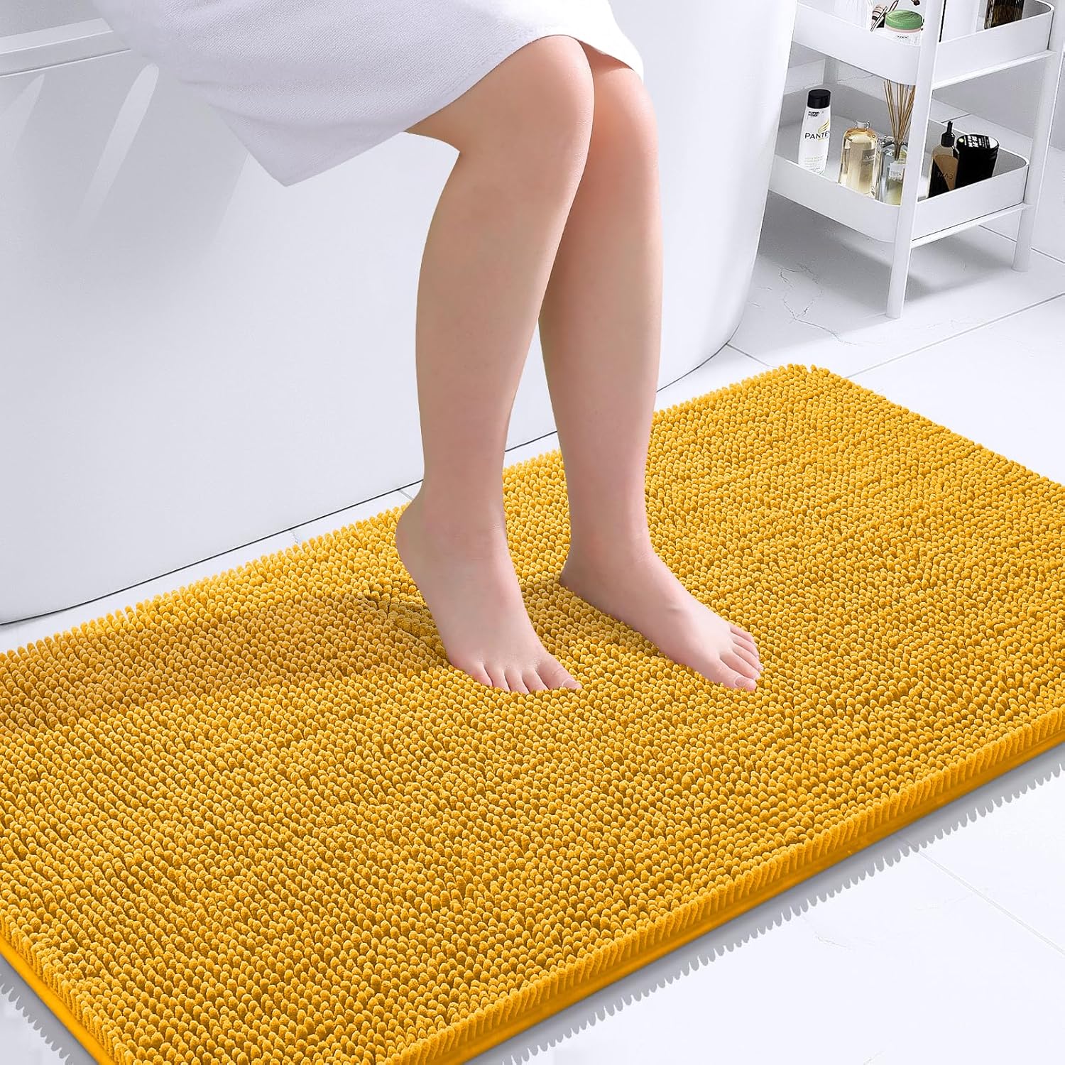 OLANLY Bathroom Runner Rugs - Soft Absorbent Chenille with Quick-Dry Rubber Backing | 44x24 Inches, Golden Yellow