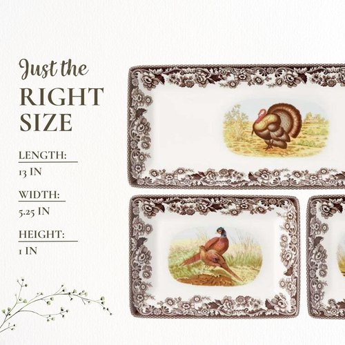 Spode Woodland 3-Piece Porcelain Tray Set - Turkey, Pheasant, Otter Wildlife Art, Great for Holiday Appetizers & Snacks - Stackable Design with Floral Borders, Dishwasher Safe, Oven Safe Trays