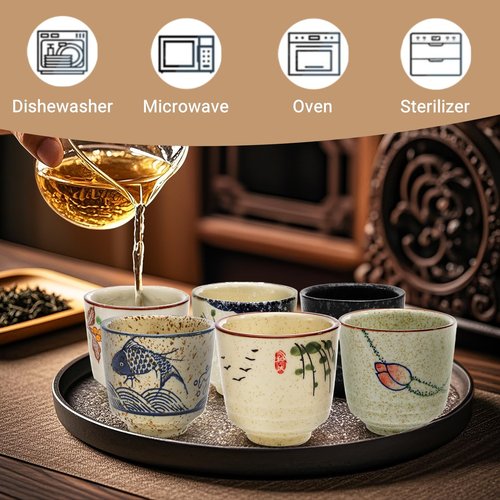 Nagpew 6 Pieces Japanese Tea Cups, 6 Oz Ceramic Coffee Cup with Good Heat Retention, No Handle Teacup Matcha Mug for Latte, Juice, Gift, Dishwasher Safe