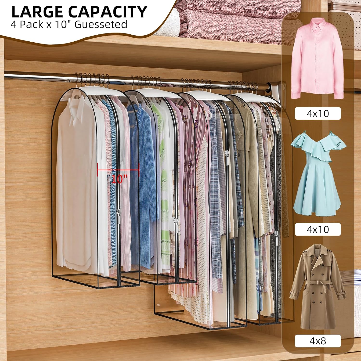 Skiennix Thickened Clear Garment Bags - 4 Pack Hanging Clothes Storage (40 & 50 Inch) for Closet, Shirts, Coats, Dresses