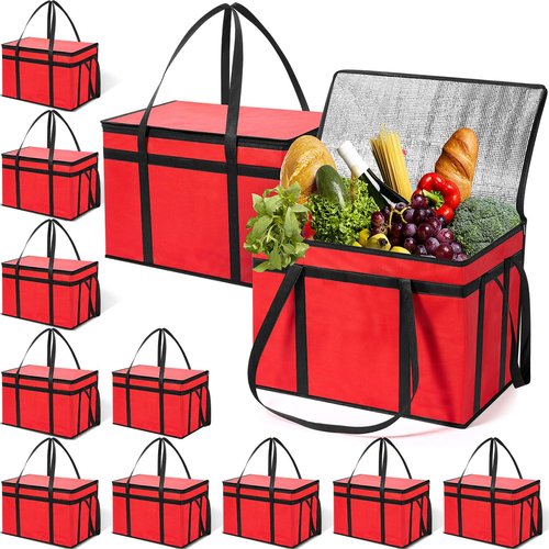 Dansydaisy 10 Pcs Insulated Food Delivery Bags XXXL Pizza Delivery Catering Bags Large Capacity Cooler Carrier with Handle for Hot and Cold Food Grocery Travel Lunch Shopping, Red