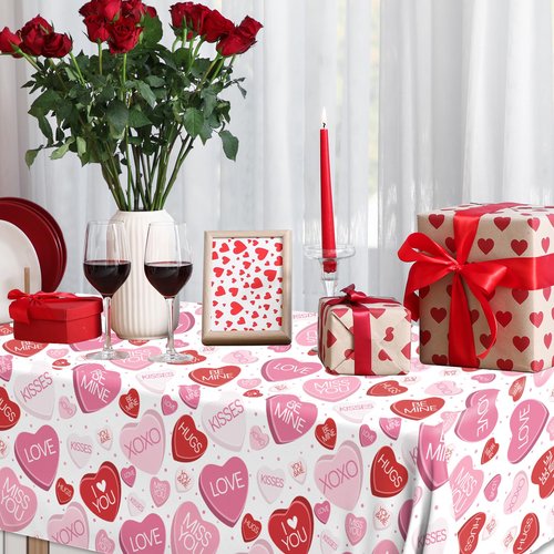 Gexlaju Valentines Day Decorations,3pcs Conversation Heart Table Cloth Disposable Waterproof Pink and Red Valentine Tablecloth for Wedding Proposal
