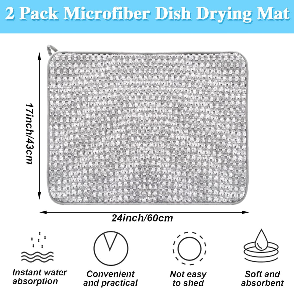 Skiennix Microfiber Dish Drying Mat - Absorbent Kitchen Counter Pad, Large 24"x17", Gray