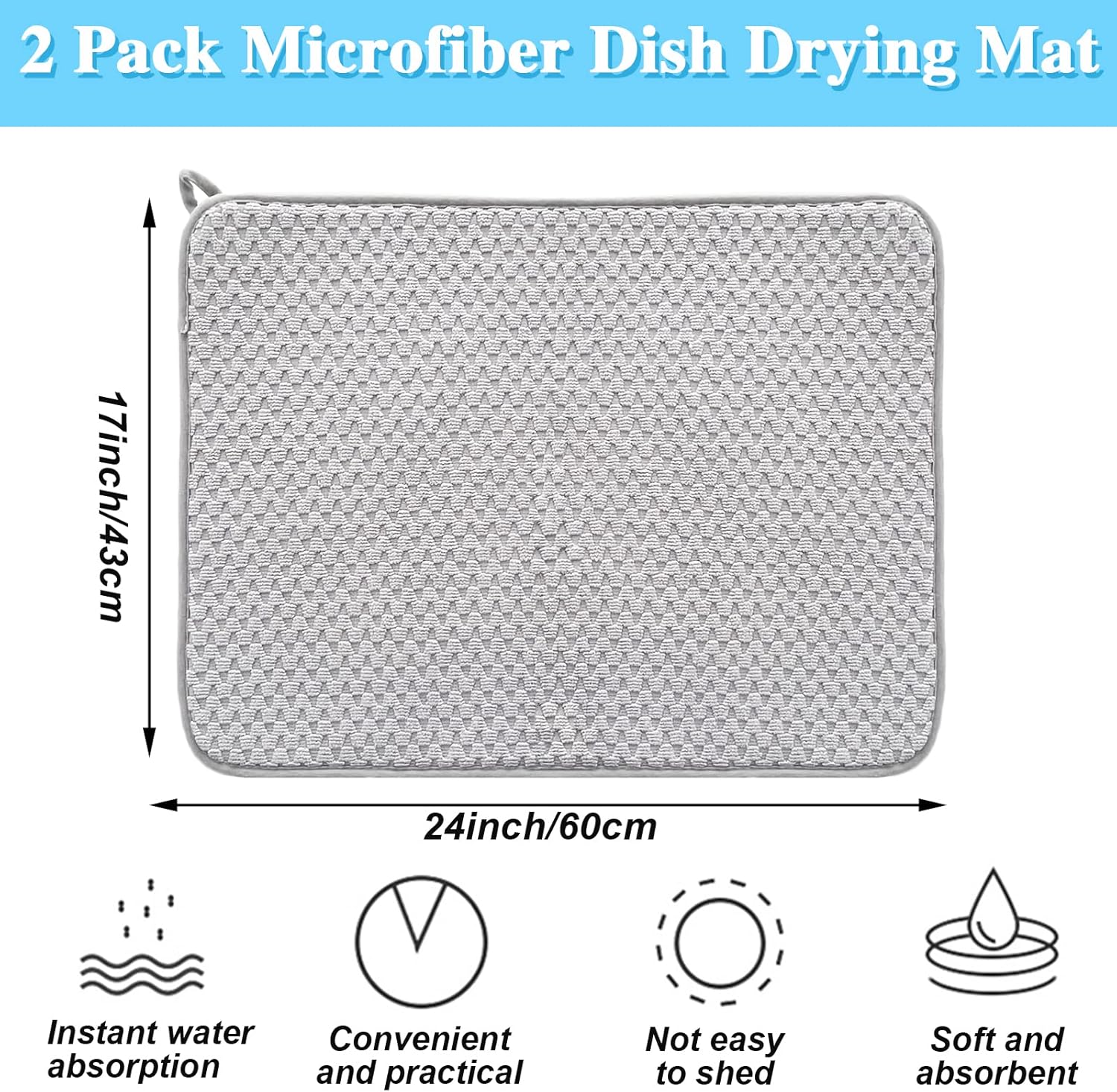 Skiennix Microfiber Dish Drying Mat - Absorbent Kitchen Counter Pad, Large 24"x17", Gray