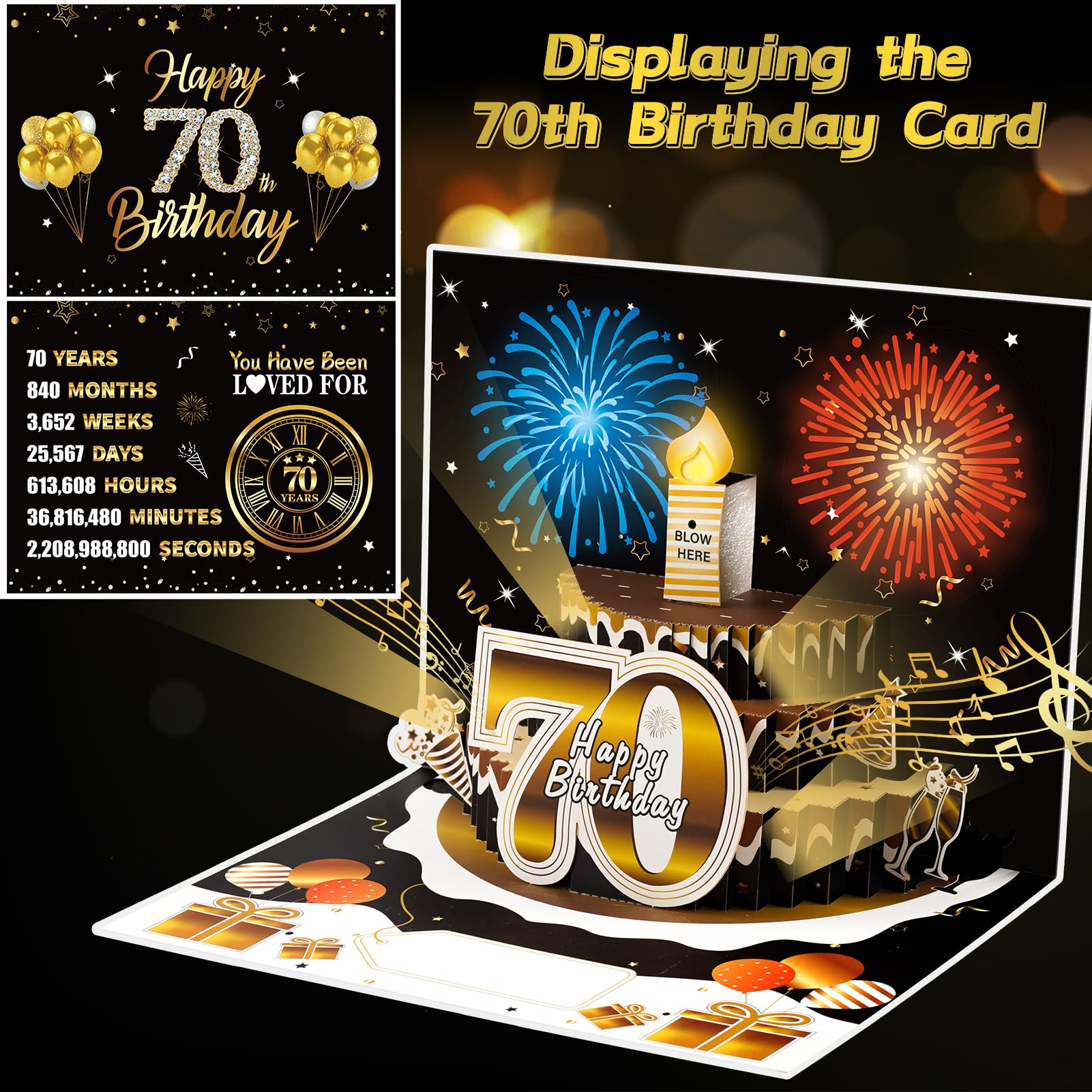 Turypaty 70th Birthday Cards Pop Up 3D Cake - Firework & Music & Blow Out Candle Light Funny Happy 70 Black Gold Birthday Card Gifts for Men, Women, Friends, Boyfriend, Dad, Mom, Husband, Wife