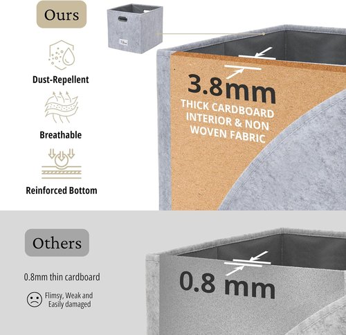 DECOMOMO Felt Storage Bins - 11-Inch Cube Storage Bins with Labels for Kallax Shelves | Light Grey (Set of 6)