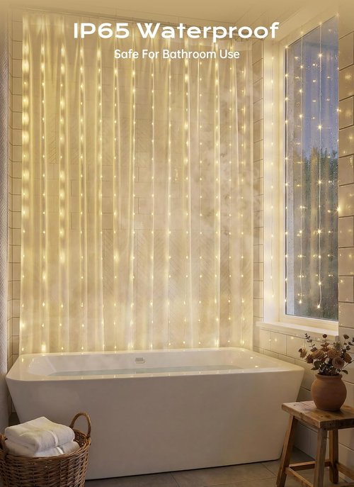Brightown 180 LED Shower Curtain Fairy Lights - 70 Inch Warm White Waterproof String Light | 8 Modes for Indoor/Outdoor Decor