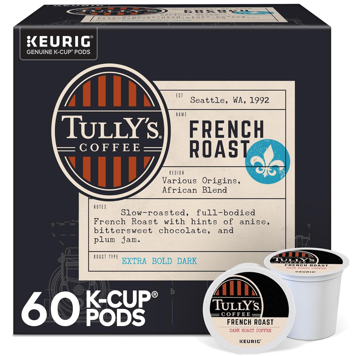 Tully's Coffee French Roast K-Cup Pods - Dark Roast Single Serve Coffee, 60 Count (6 Packs of 10)