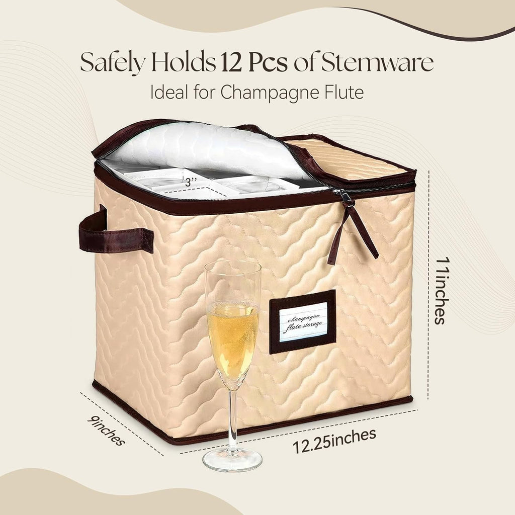 Skiennix Wine Glass Storage Box - Durable Quilted Microfiber Case with Dividers | Protects Stemware (1 Pack, Champagne Flute)