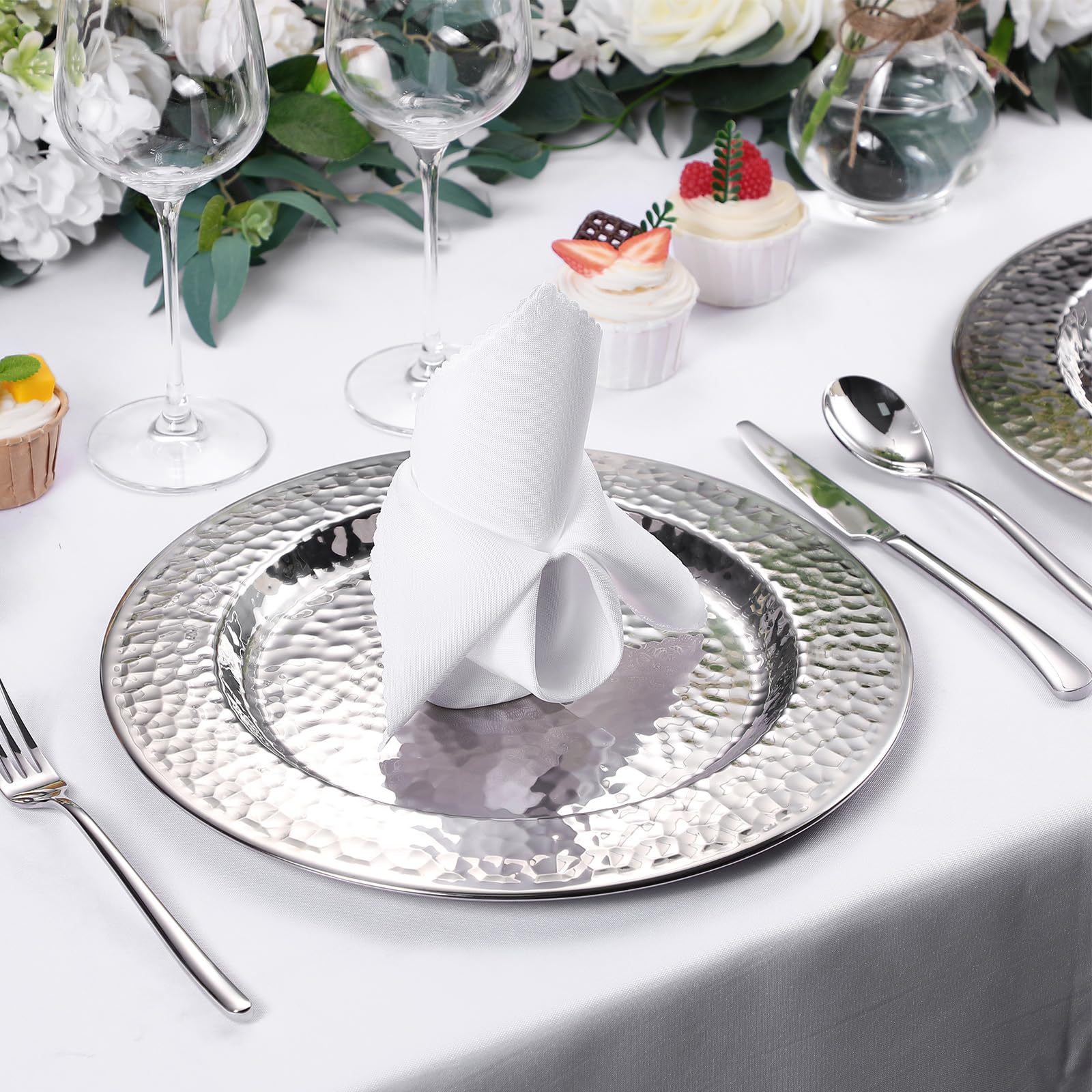 FillTouch 12 Packs Chargers Plates Bulk 13 Inch Stainless Steel Hammered Rim Round Elegant Dinner Plates Luxury Decorative Chargers for Wedding Party Catering Upscale Events (Silver)