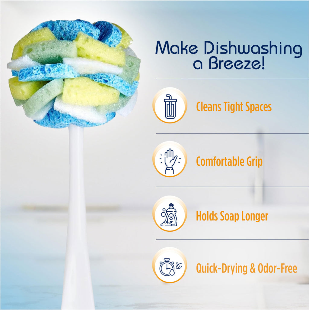 Compac Home Dish Wand Plus Cello, Foam & Scour Sponge Petals Brush and Clean Dishes, Pots, Bottles, & Glassware, 2 Count