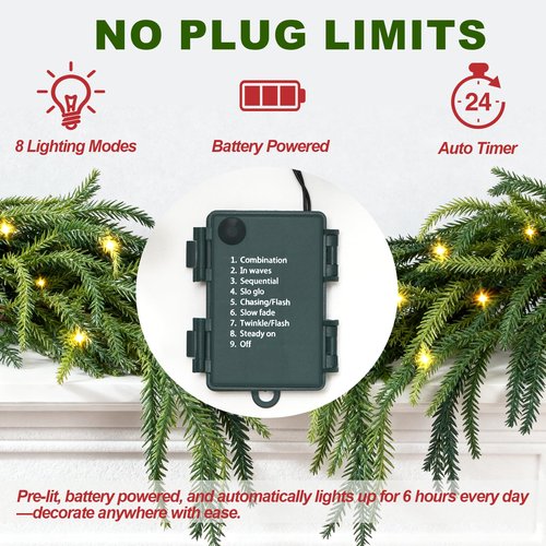 JOJOLEE 9FT Artificial Norfolk Pine Garlands, Pre-Lit Christmas Garland with Timer Lights 8 Modes, Battery Powered Evergreen Garland, Natural Hanging Greenery for Fireplace Mantle Stair Decor