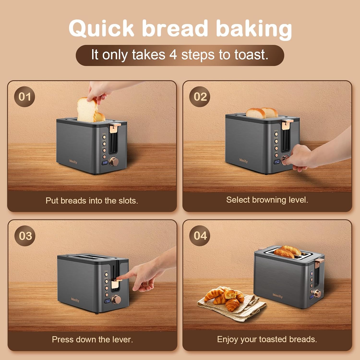 Mecity 2-Slice Stainless Steel Toaster - Extra Wide Slots, 6 Browning Settings & Timer | Grey Finish