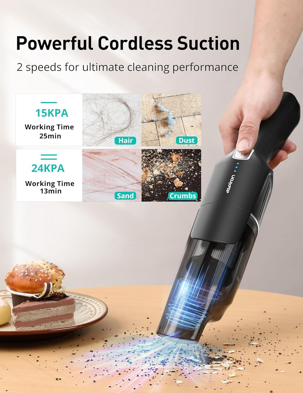Aspiron Cordless Handheld Vacuum - 24KPA Powerful Suction, 2-Speed, Wireless Charger, Ergonomic Design, Black/Silver