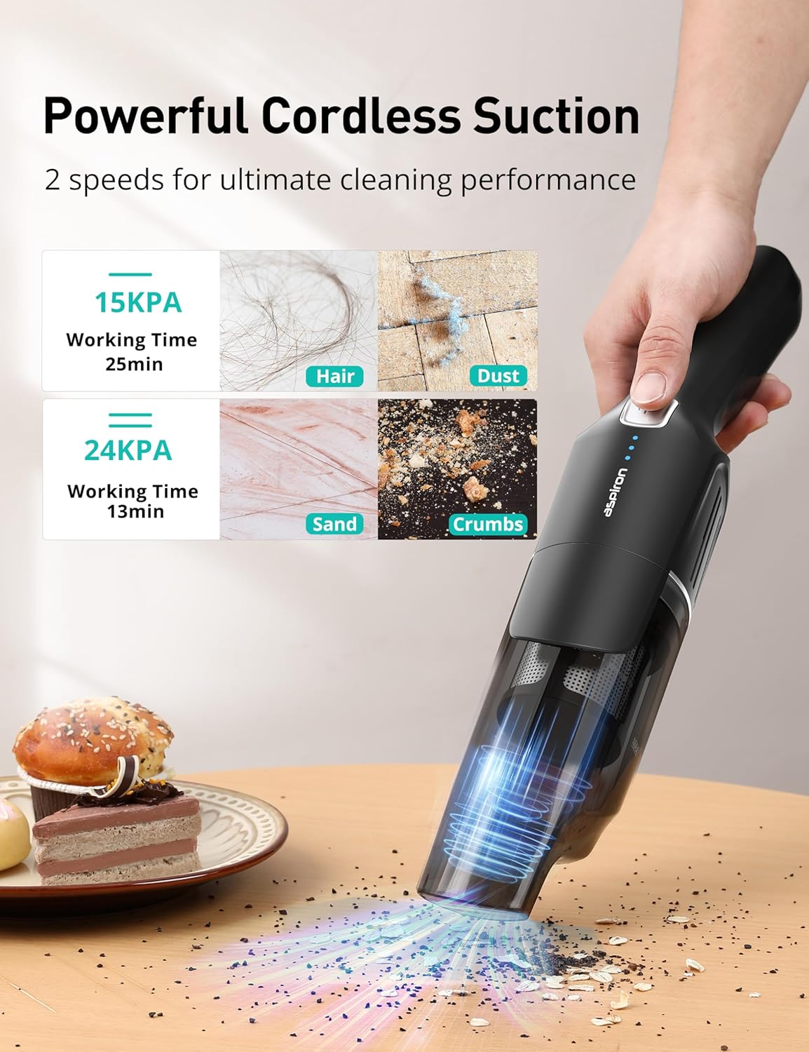 Aspiron Cordless Handheld Vacuum - 24KPA Powerful Suction, 2-Speed, Wireless Charger, Ergonomic Design, Black/Silver